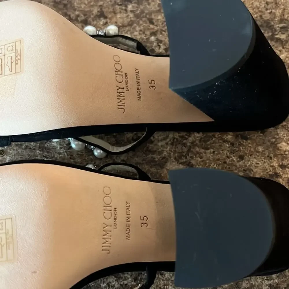 Jimmy Choo Amara 85mm Pearl Straps Suede Block Heels Mules NEW EU 35 US 5